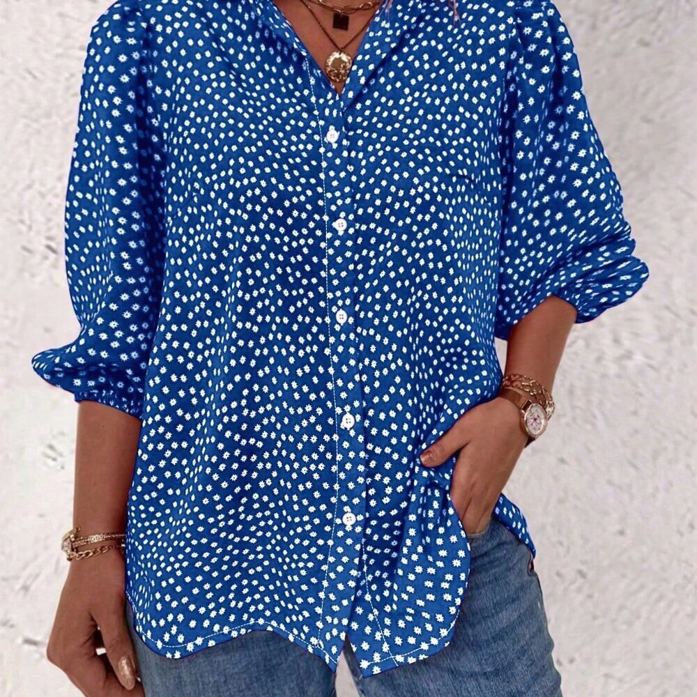 Blue Boho Women's Floral Single Button Casual Mid-Sleeve Shirt - Picture 3 of 4